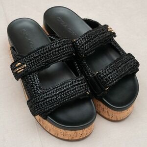 New in Box Women's Coach Two Band Raffia Platform Sandals Black Size 8 B